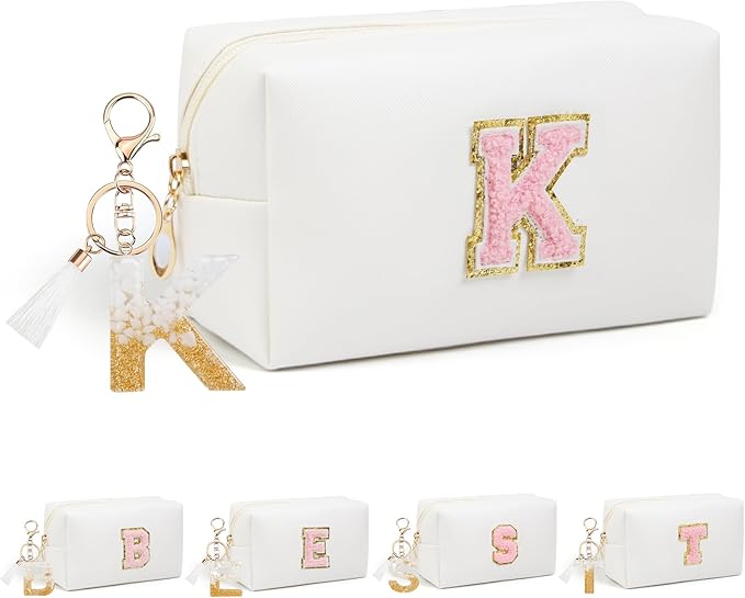 Birthday Gifts for Women Her,Travel Cute Makeup Bag,Large Capacity Cosmetic Bags for Women Makeup Pouch PU Leather Waterproof Cosmetic Bag (K, White)