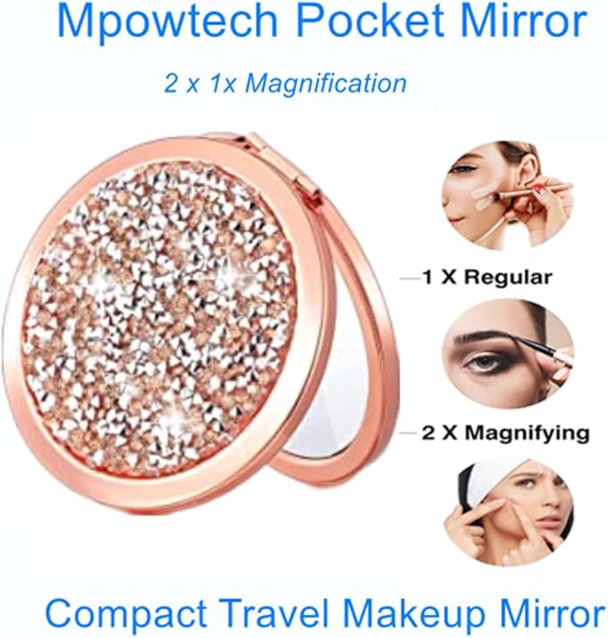 Magnifying Rose Gold Compact Mirror - Mix Diamond Mirrors 1x/2x Magnification Travel Makeup Mirrors,Double Sided Small Pocket Mirror,Folding Purse Mirror,Cosmetic Mirror for Gift