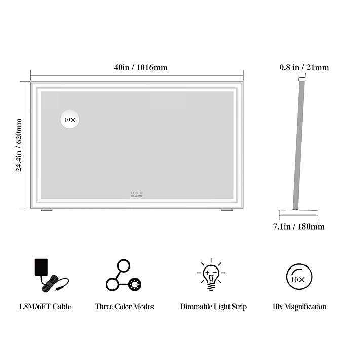 BEAUTME Vanity Mirror, Large Hollywood Mirror with Lights for Tabletop,Lighted Makeup Mirror for Dressing Room & Bedroom, Desktop Mirror/Wall Mounted Mirror 1.8M Cable,Silver(101.6 × 62cm)