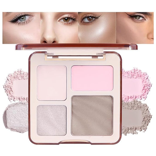 3 IN 1 Brown Nude Face Highlight Bronzer Powder Palette for Face Cheeks Contour Brightening, Buildable Matte Coverage Natural Makeup,Ultra Sculpt Nose Shadow Eyeshadow Primer 03#