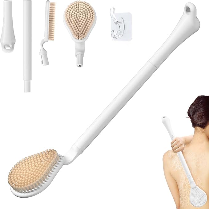 Back Scrubber for Shower, 19’’ Detachable Long Handle Shower Body Scrubber for Wet or Dry Brush, Adjustable 2-in-1 Back & Body Brush with Soft and Dense Bristles for Deep Cleaning(White)