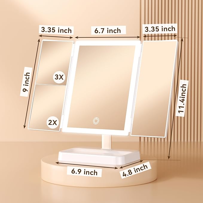 3- Folding Makeup Mirror, 76 lamp Beads, 3 Adjustable Color Modes,Long Press The Touch Button to Adjust The brightness1%-100%, 1x / 2X / 3X Magnification (1, Triplex Mirror Ivory White)