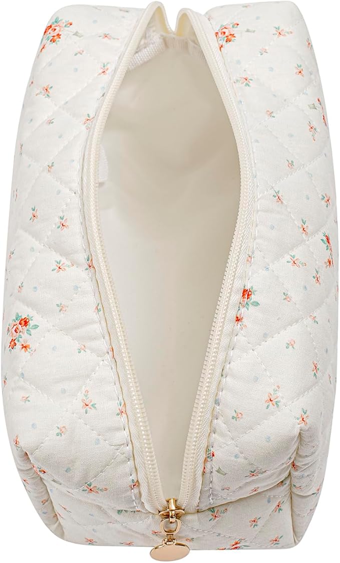 Gleyemor Small Quilted Makeup Bag for Women, Cute Floral Bow Cosmetic Bag, Emergency Bag Travel Toiletry Cotton Pouch Gifts for Girls Her Mom Friend Sister Bridesmaid (White Floral)