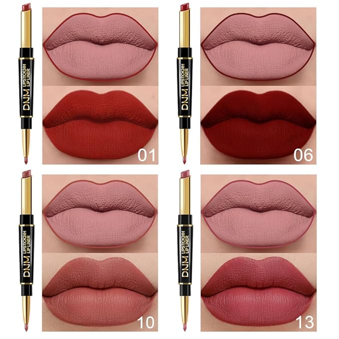 BINGBRUSH 2 IN 1 Lip Liner & Lipstick Makeup Set, Dark Red Matte Metallic Lipliner Set for Black Mature Women Waterproof Long Lasting Gift Set (6Pcs Set-A02-Matte, 6Pcs)