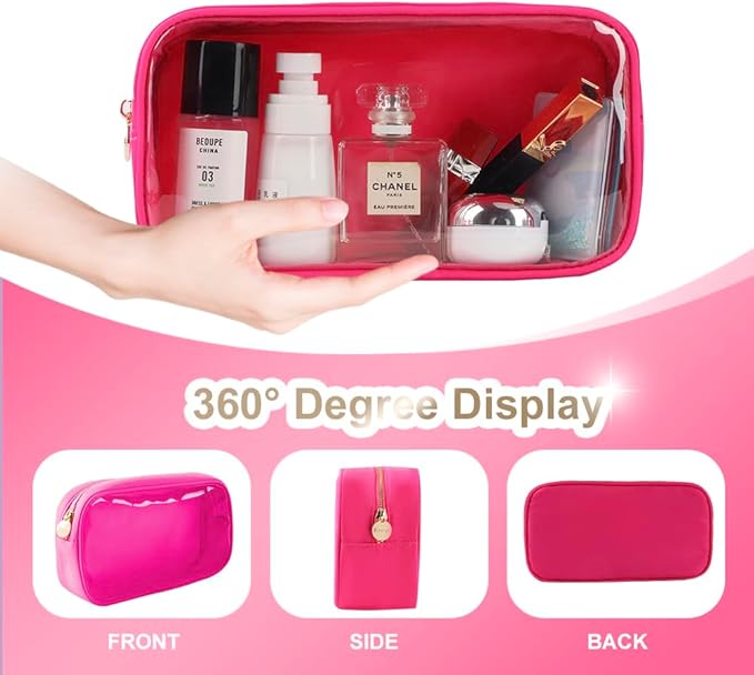 Medium Preppy Transparent Makeup Pouch Women Travel Clear TPU and Nylon Cosmetic Pouch (Medium, HotPink)