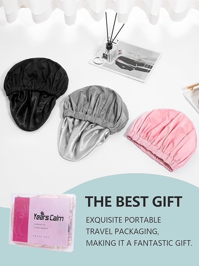 Years calm Reusable Waterproof Shower Caps for Women, Hair Caps for Showers, Double-Layer Elastic Design, for All Hairstyles, Travel-Friendly (black)