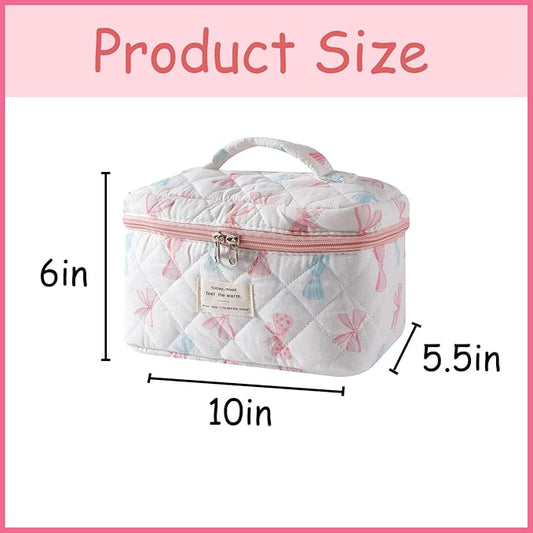 uekeboag Large Travel Quilted Makeup Bag for Women, Floral Cotton Cosmetic Bag, Coquette Aesthetic Floral Toiletry Organizer Bag