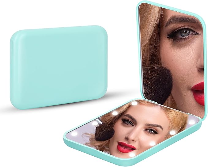 ALLROSE Compact Mirror, 1X/3X Magnifying Travel Mirror with Light Small Makeup Mirror for Purse, Pocket, Mini LED Portable Handheld Mirror Travel Essentials Gifts for Women Girls, Cyan