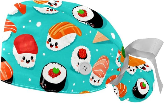 2 PCS Bouffant Cap with Button Ponytail Pouch Working Cap Sweatband Adjustable Surgical Cap Black and White Cow