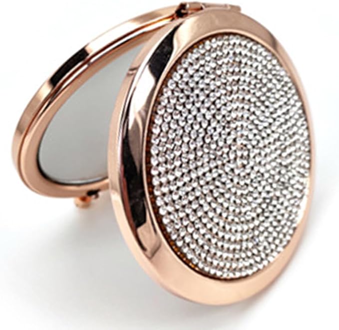 2pcs Magnifying Compact Mirrors 1X 2X Folding Makeup Mirror Mini Round Travel Mirrors 2.75 Inch Foldable Pocket Purse Cosmetic Mirror Sturdy Metal with Diamonds Women Girls Gifts (Rose Gold)
