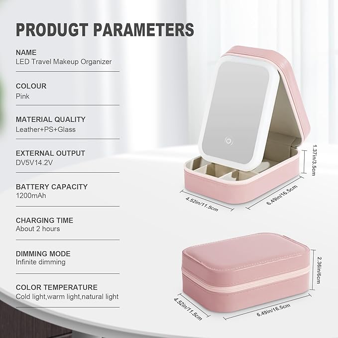 Small Travel LED Makeup Mirror Case with 3 Adjustable Color Light Settings, Dust-Proof Jewelry Box, Mini Cosmetic Train Case Ideal for Short Trips (Pink)