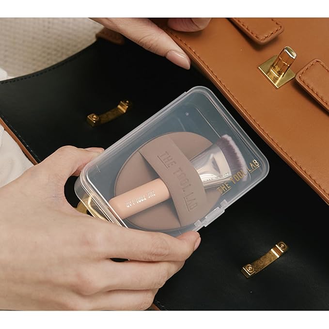 THE TOOL LAB All Day Fitting Duo (Glow type) - Premium Base Makeup Set for Liquid Cream Powder Foundation, Buffing Blending Face Brush, Sponge, Portable Case - 1.1" Flat Top Brush