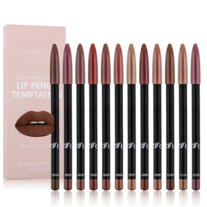 12 Colors Brown Lip Liner Set for Women- Dark Red Nude Waterproof Lip Pencils for Defining & Filling Lips, Long-Lasting Smooth Lip Makeup, High Pigmented Lip Liner Pack