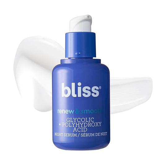 Bliss Renew & Smooth Glycolic Acid Night Serum | 8.5% AHA + PHA Complex for Texture, Glow & Radiance | Gentle Daily Exfoliating Treatment for Smoother, Brighter Skin | Vegan & Cruelty-Free | 1 fl oz