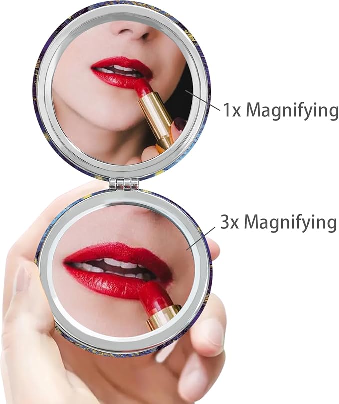 Pocket Mirror, 2 Pcs Round 2.8” PU OilPainting Style Double Sided 1X/3X Purse Compact Mirrors (OP01OP02)