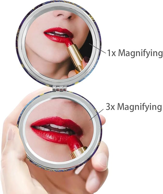 Pocket Mirror, 2 Pcs Round 2.8” PU OilPainting Style Double Sided 1X/3X Purse Compact Mirrors (OP01OP02)