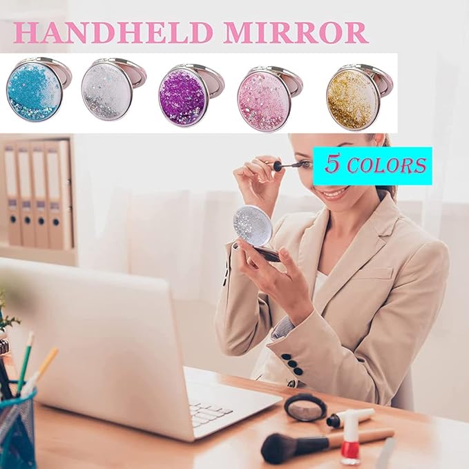 AKOAK 1 Pack Compact Mirror, Portable Quicksand Pocket Travel Makeup Mirror, Folding Hand-held Double Sided 1x/2x Magnifying Glass, Great Gift for Women and Girls (Silver)