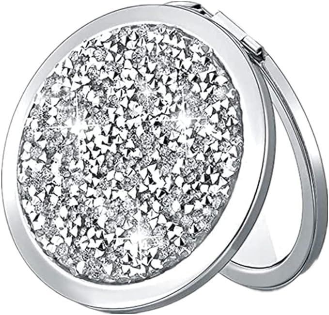 Magnifying Silver Compact Mirror - Mix Diamond Mirrors 1x/2x Magnification Travel Makeup Mirrors,Double Sided Small Pocket Mirror,Folding Purse Mirror,Cosmetic Mirror for Gift