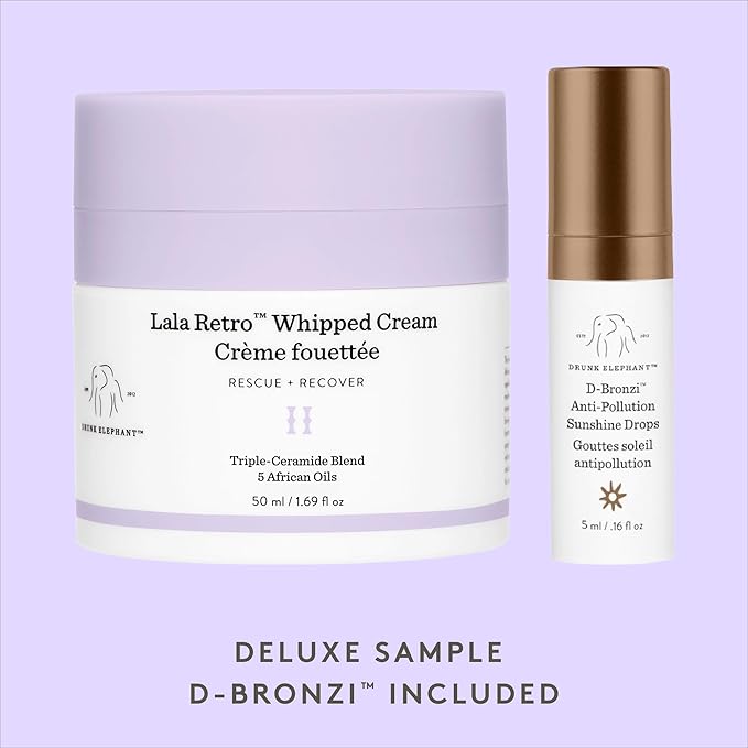 Drunk Elephant Lala Retro Whipped Cream - 50 ml/1.69 fl oz - Ceramide Moisturizer - Clean Clinical Skincare - Cruelty-Free - Dermatologist-Tested - Includes D-Bronzi Deluxe Sample (5 ml/.16 fl oz)