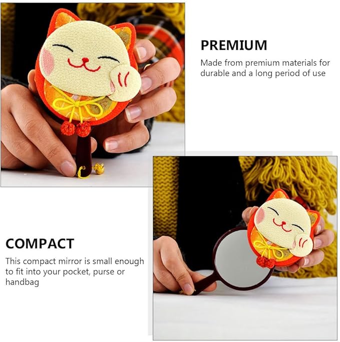 HEALLILY Pocket Hand Mirror - Maneki Neko Japanese Lucky Cat Design - Lightweight & Portable Travel Makeup Mirror - Double Sided - Random Color
