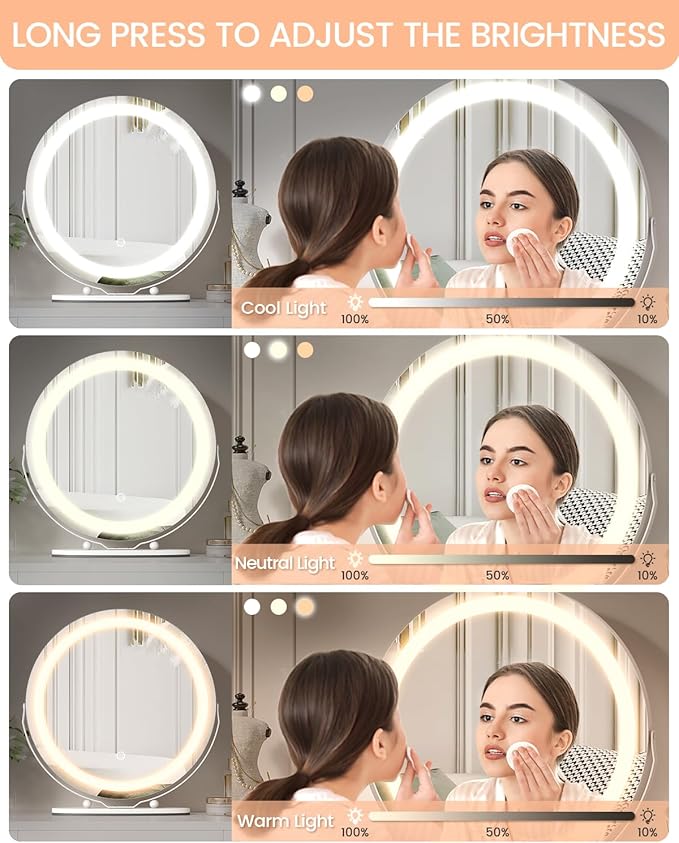 19 Inch Vanity Mirror with Lights, Round Large LED Vanity Mirror with Smart Touch 3 Colors Dimmable, Touch Lighting, 360° Rotation for Dressing Room and Bedroom Tabletop, Easy Assembly(white)