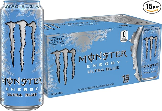 Monster Energy Ultra Blue, Sugar Free Energy Drink, 16 Ounce (Pack of 15)