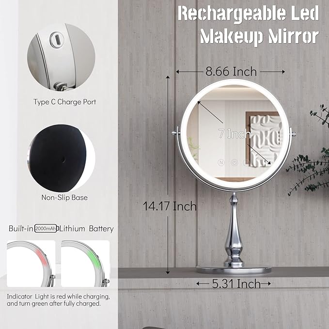 9" Large Lighted Makeup Mirror, 1X/10X Magnifying Vanity Mirror with 3 Colors Dimmable Lightning, 80 LED Lights, 360°Rotation Double Sided Standing Desk Mirror