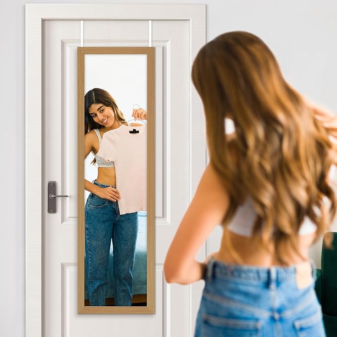 Americanflat 12x48 Over The Door Mirror - Hanging Full Length Mirrors with Engineered Wood - Modern Mirror for Bathroom, Bedroom, Living Room - Mirrors for Wall Display and Home Decor - Dark Oak