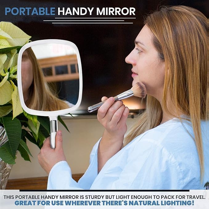 MIRRORVANA® Large Hand Held Mirror with Comfy Handle for Women and Men - Personal Barber Haircut Mirror to See Back of Head - Espejo de Mano - 9" x 13" (White)