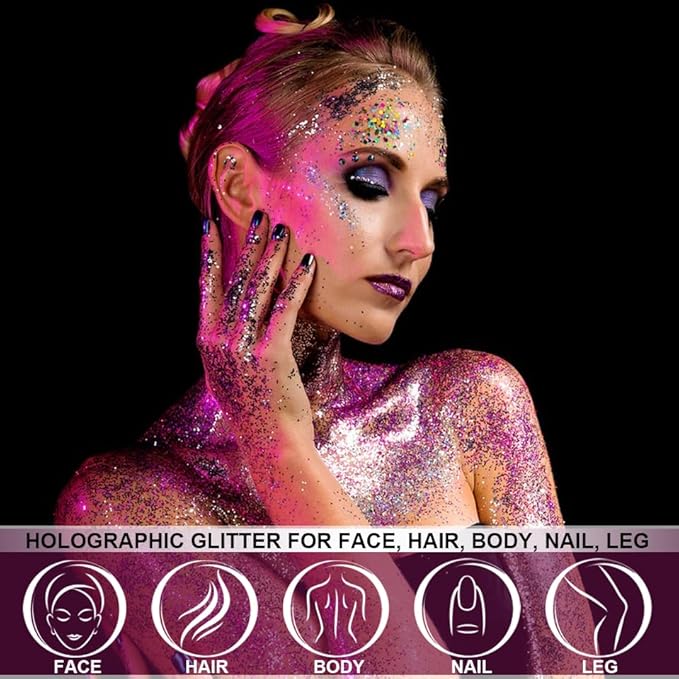 12 Colors Body Glitter Gel Kit, Super Long Lasting Holographic Chunky Glitter Gel Festival Party Makeup for Face, Body, Hair, Nail Art, Eyeshadow, 3Pcs Sponge Makeup Brush Include (Set C)
