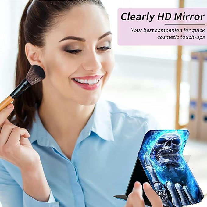 Blue Flame Skull Fingers Folding Travel Mirror Vanity Mirror PU Leather Portable Adjustable Rectangular Ultrathin Makeup Mirror,for Travel, Camping,Home