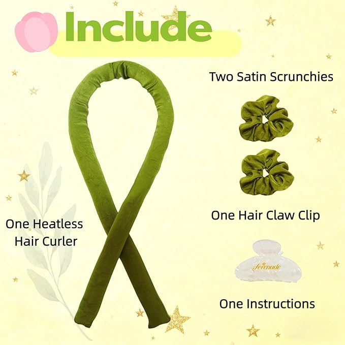 Serenade Textured Satin Heatless Curls Overnight, Heatless Hair Curler Curling Set for Women and Girls to Sleep in, with 2 Satin Scrunchies and 1 Clip for Overnight Curls, Green