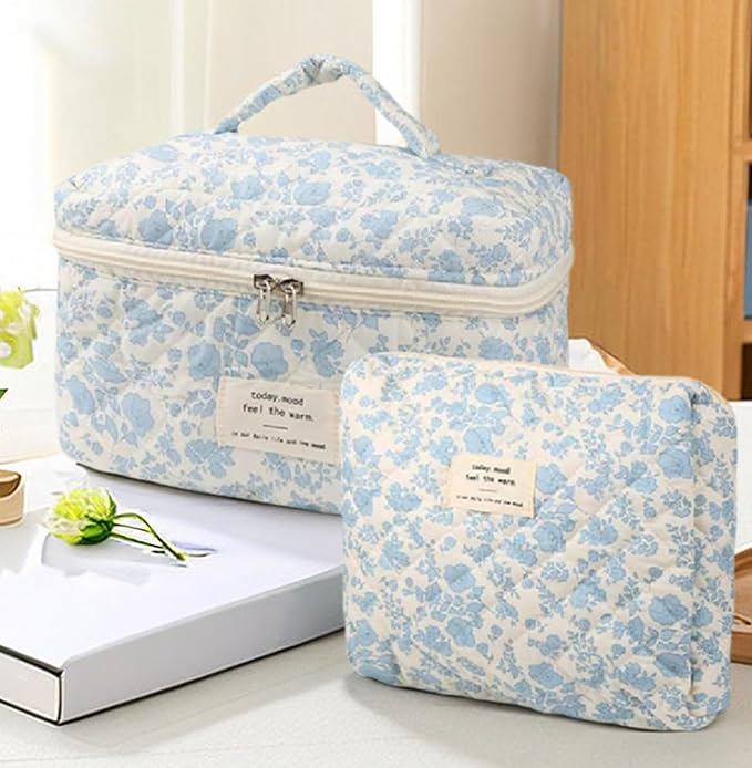 2 Pcs Quilted Makeup Bag,Cotton Coquette Make up Bag Set,Floral Cute Makeup Bags Large Travel Toiletry Cosmetic Bag Organizer for Women Girls (A)