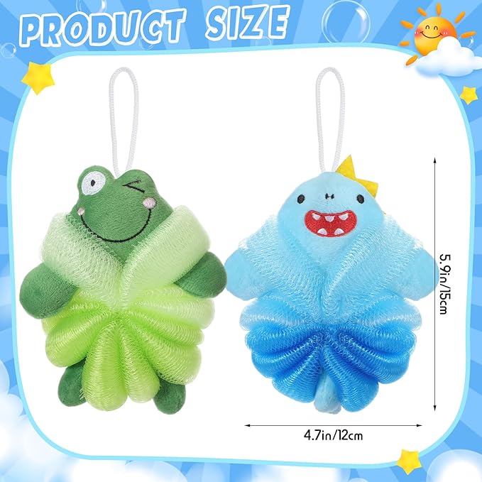 Nuenen 2 Pcs Bath Loofahs Kids Toddler Cute Cartoon Bath Sponges Loofah Pouf Body Scrubber Mesh Sponges for Children Shower Washing Exfoliating(Shark, Frog)