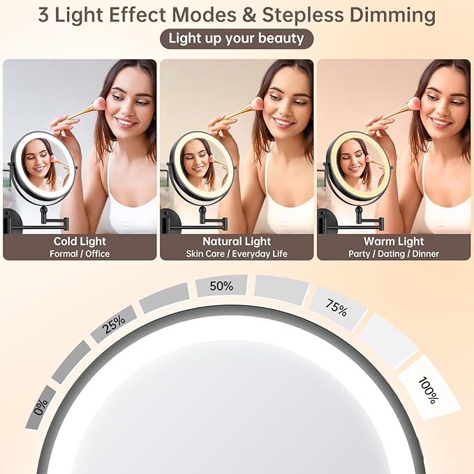 9" Wall Mounted Makeup Mirror with Lights, 4000mAh Rechargeable 1X/10X Wall Mounted Magnifying Mirror for Bathroom, 3 Color Lighting,Touch Screen Dimming,Extended Arm 360 Rotation Wall Mount Mirror B