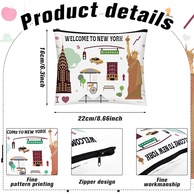 9 Pcs New York Cosmetic Bag New York Souvenir Zipper Pouch Los Angeles Souvenir Gifts Italy Paris Broadway Alaska Makeup Purse for Girls Women Traveler Birthday Christmas Party Favors