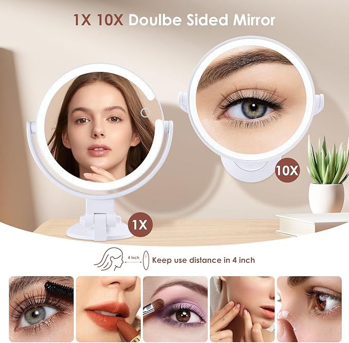 1X 10X Magnifying Mirror with Lights, Rechargeable 2 Sided Lighted Magnification Makeup Mirror, 3 Color Settings Desk Vanity Mirror, 360° Swivel Locking Suction Mount Bathroom Shaving Mirror