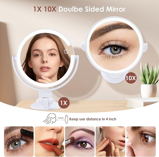1X 10X Magnifying Mirror with Lights, Rechargeable 2 Sided Lighted Magnification Makeup Mirror, 3 Color Settings Desk Vanity Mirror, 360° Swivel Locking Suction Mount Bathroom Shaving Mirror