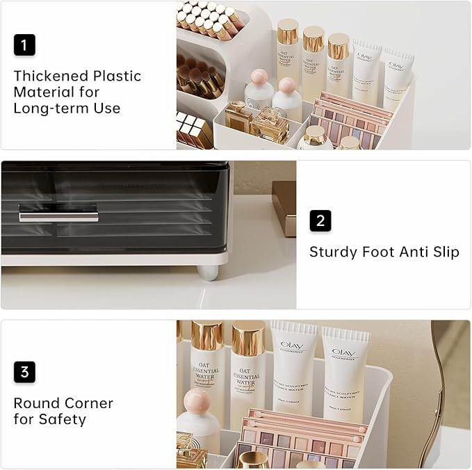 Makeup Organizer for Vanity, Countertop Organizer With Drawers, Spacious Cosmetic Display Case for Beauty Essential, Skincare, Lipstick, White