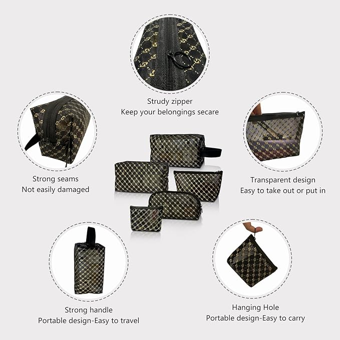 5 Pieces Zipper Mesh Makeup Bags Set, Portable Travel Mesh Cosmetic Bags Toiletry Bags Makeup Purse pouches, Zipper Storage Pouches for Home Offices Travel Accessories (Black Hot Stamping-5pcs)