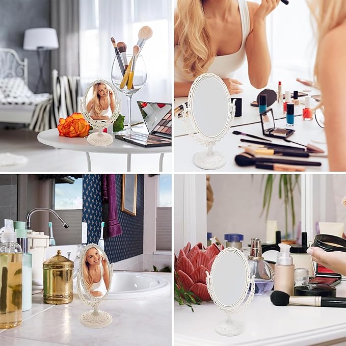 AKOAK 1 Pack Desktop Makeup Mirror, Oval Desk Makeup Mirror, Double-Sided 360-degree Rotating Makeup Mirror Bathroom Bedroom Makeup Mirror, Travel Mirror Suitable for Women (Beige)