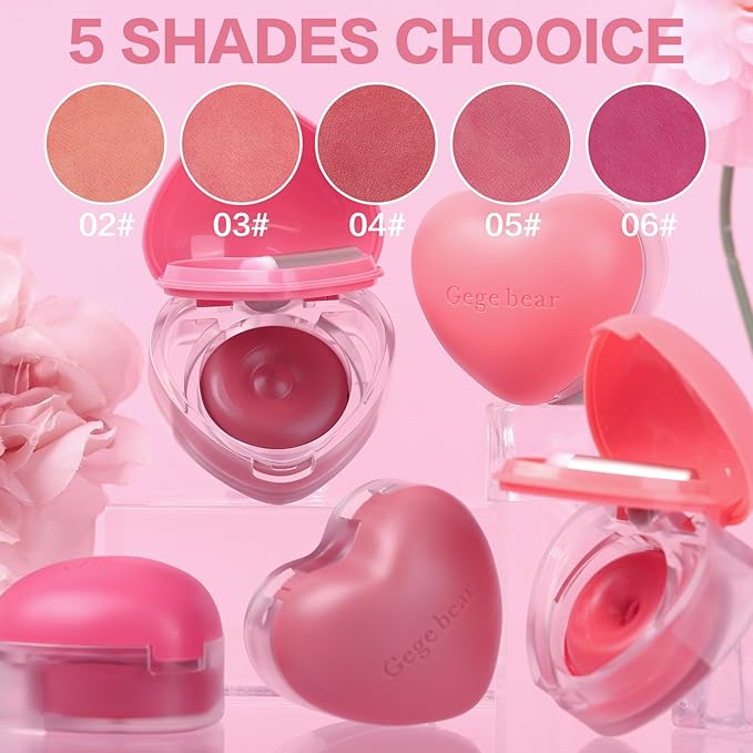 Heart-Shaped Cream Blush for Cheeks & Lips – 2-in-1 Tinted Lip and Cheek Balm Kit with Mini Brush – Blendable Dewy Blusher Makeup for Women, Portable Compact for Travel & On-the-Go Touch Ups 02
