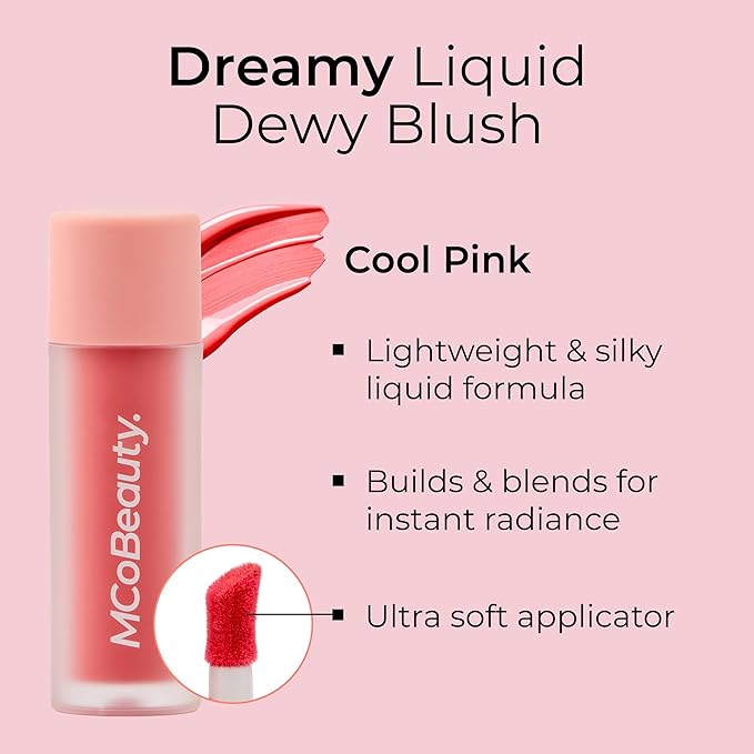 MCoBeauty Dream Liquid Dewy Blush, Cool Pink, Radiant Flush for Fresh, Glowing Cheeks, Vegan, Cruelty Free Cosmetics