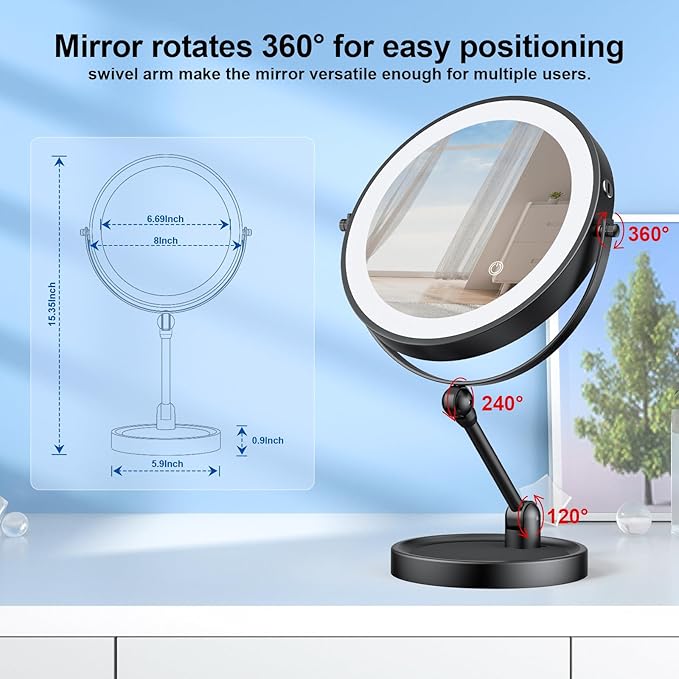 Makeup Mirror with Lights[Brightness Enhanced Version], Real 2000mah Rechargeable Double Sided 10x Magnifying Mirror with 3 Colors Table Vanity Mirror with Adjustable Height and Stand,Black