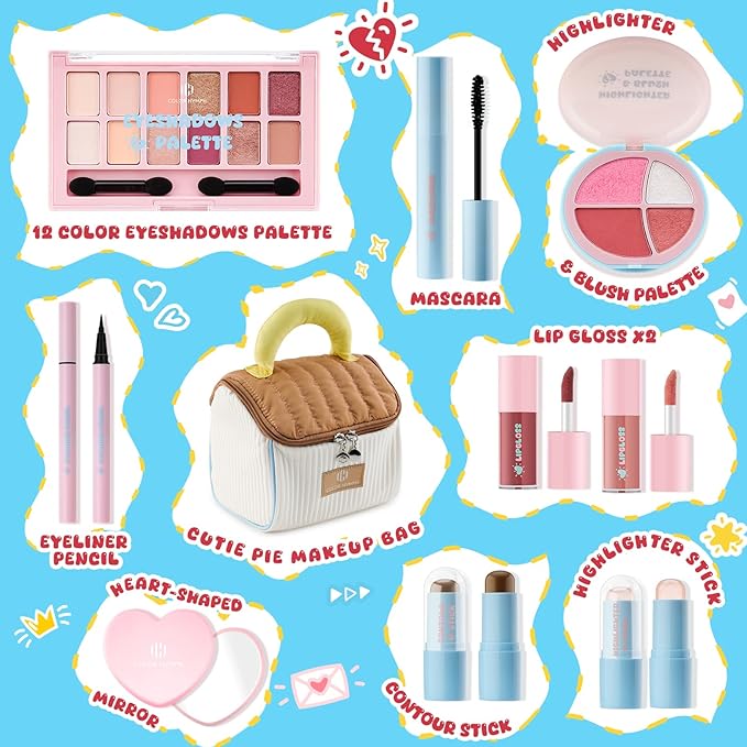 Color Nymph Makeup Sets For Teens Girls with Cutie Pie Handbag, All In One Girls Makeup Kits for Girl Women Full Kit Included Eyeshadow Blush Contour Highlighter Lipgloss Mascara Eyeliner and Mirror