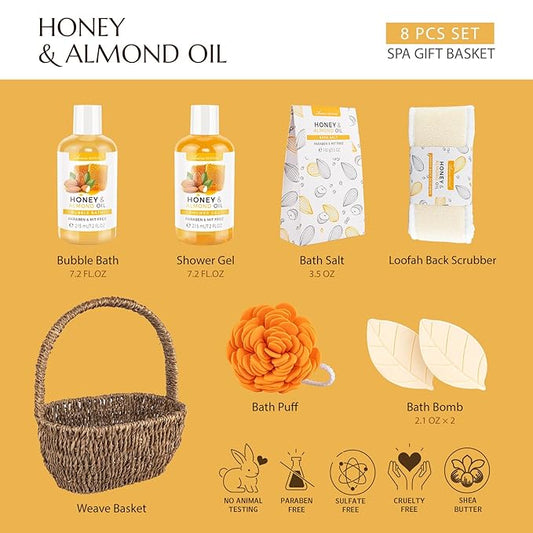 Bath Spa Gift Basket, Bath & Body Gift Set for Women & Men, Includes Shower Gel, Bubble Bath, Bath Salt, Bath Sponge, Spa Gift Box for Mother's Day, Birthday, Wedding, Honey & Almond 8pcs