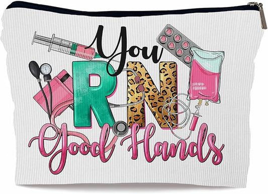 Ayxvt You RN Good Hands Registered Nurse Nursing Corduroy Cosmetic Bag Decorative Women's Makeup Bag Zipper Pouch Travel Toiletry,Registered Nurse RN Appreciation Gifts for Women（Corduroy）