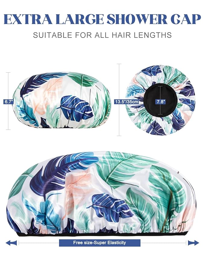 Auban Shower Cap, Terry Lined Shower Caps, 3 Layer Large Shower Cap, Terry Cloth Reusable Shower Caps for Long Thick Hair, Waterproof Hair Cap