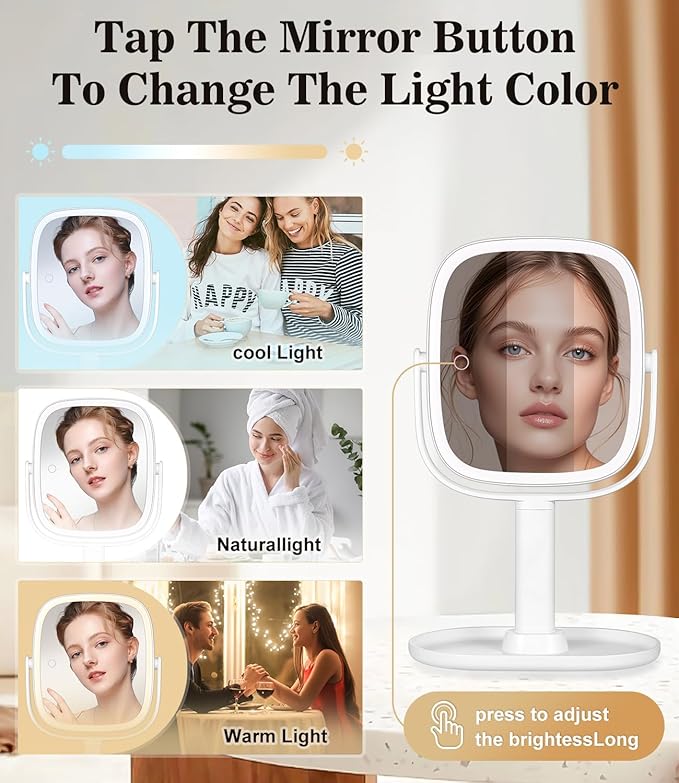 ALLROSE Professional 8" LED Lighted Makeup Mirror, 2600mAh Rechargeable 1x/7x Magnifying Vanity Mirror, 360° Rotation 2-Sided Light up Large Desk Mirror, Height Adjustable Lighted Makeup Mirror