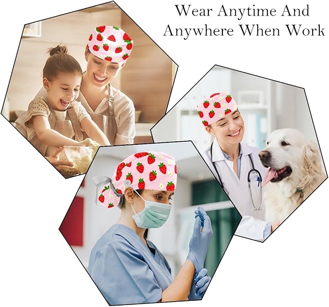 2 PCS Bouffant Cap with Button Ponytail Pouch Working Cap Sweatband Adjustable Surgical Cap Black and White Cow